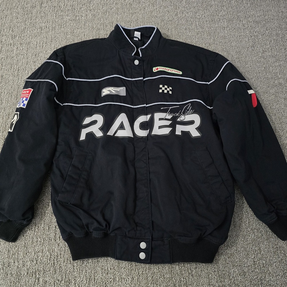 H&M Divided XS Track Side Racer Jacket Black Motocross Moto Y2K Bomber